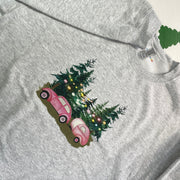 Pre-made - Christmas pink car scene grey sweater- Adult M