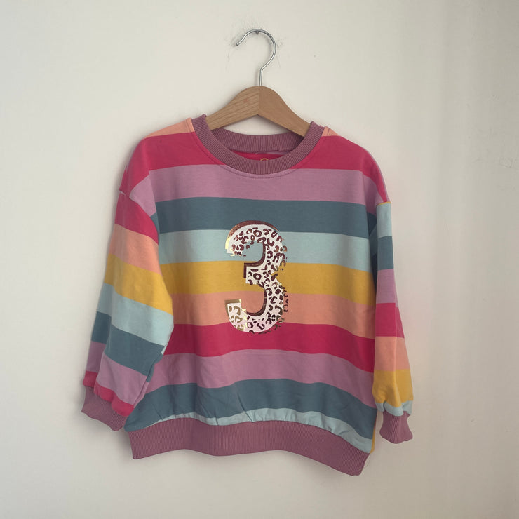 Pre-made- birthday 3 leopard pastel rainbow jumper size 2-3 years
