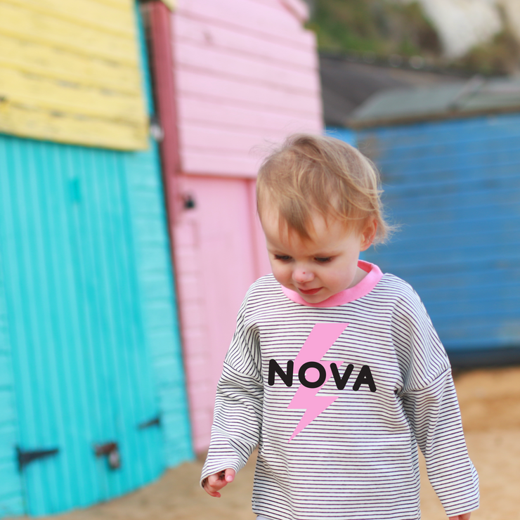 Name Bolt Mono Striped Pink Neck Tee