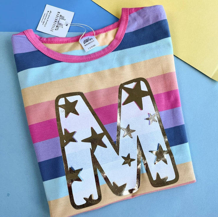 Shiny Star Initial/Number Pastel Striped Tee
