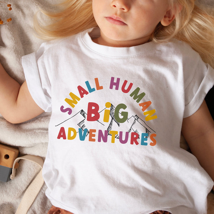 Small human big adventures kids white t-shirt